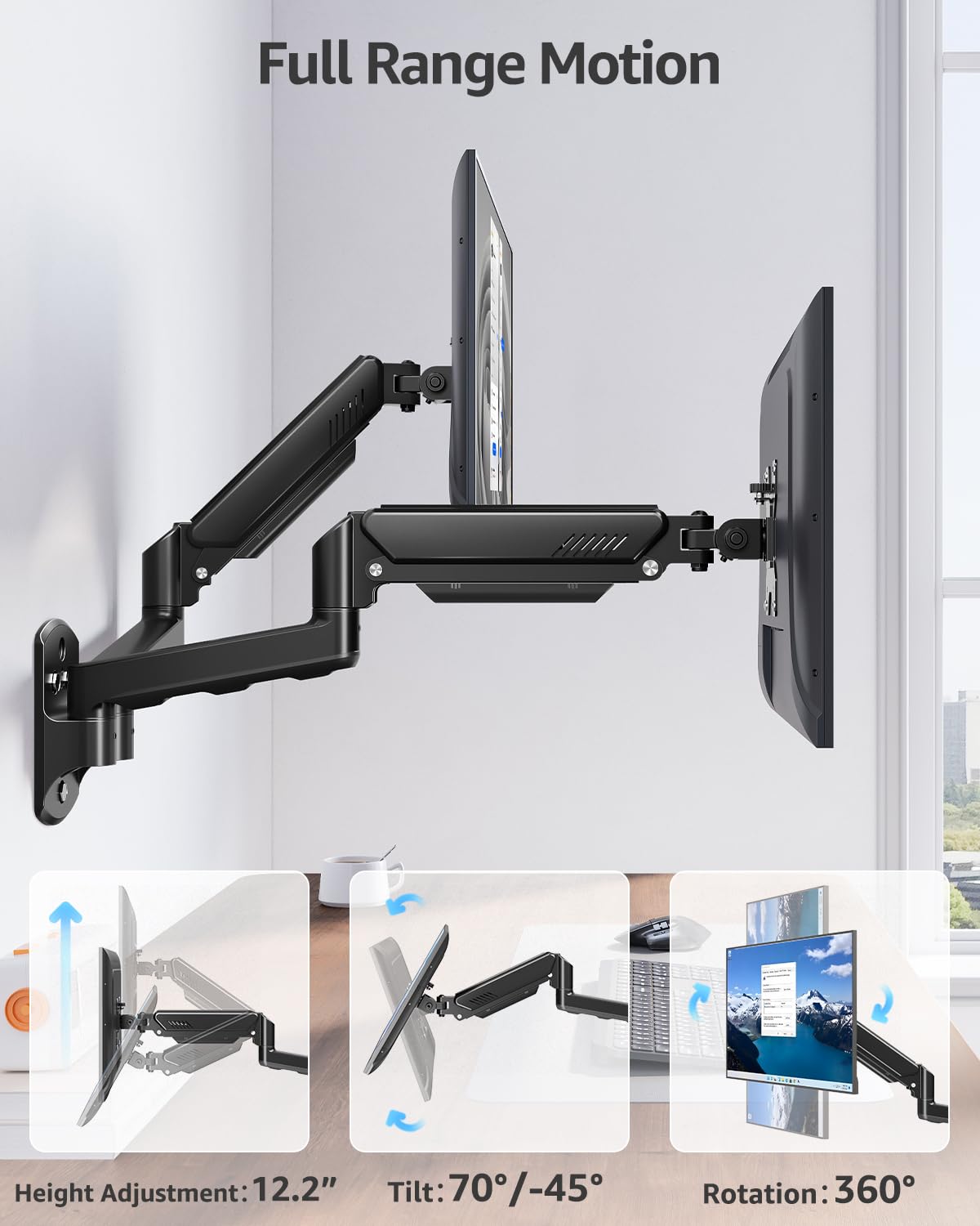 ELIVED Supporto da parete per monitor fino a 9 kg, VESA 75/100 mm, molla a gas PC, monitor Hatlerung a parete, girevole a 360°, doppio supporto per monitor EV6022