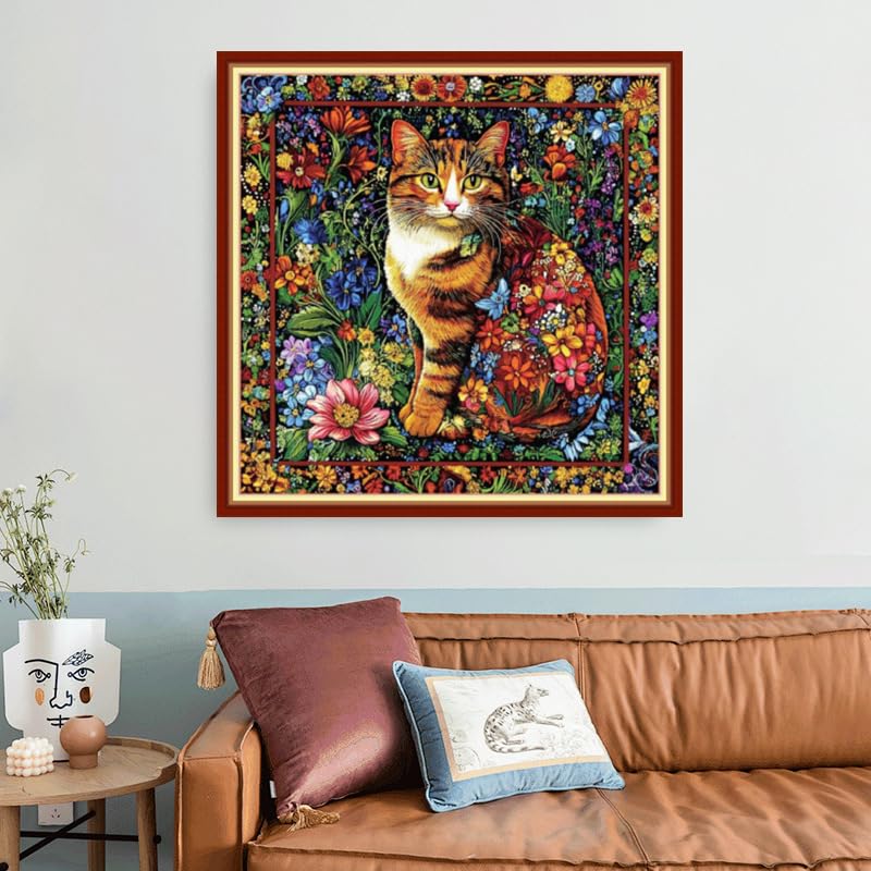 Image of Foxhool Beginners Cross Stitch Kits Stamped Full Range of Embroidery Kits for Adults DIY Cross Stitches kit Embroidery Patterns for Needlepoint kit-Colorful Flower Cat 18x18 inch