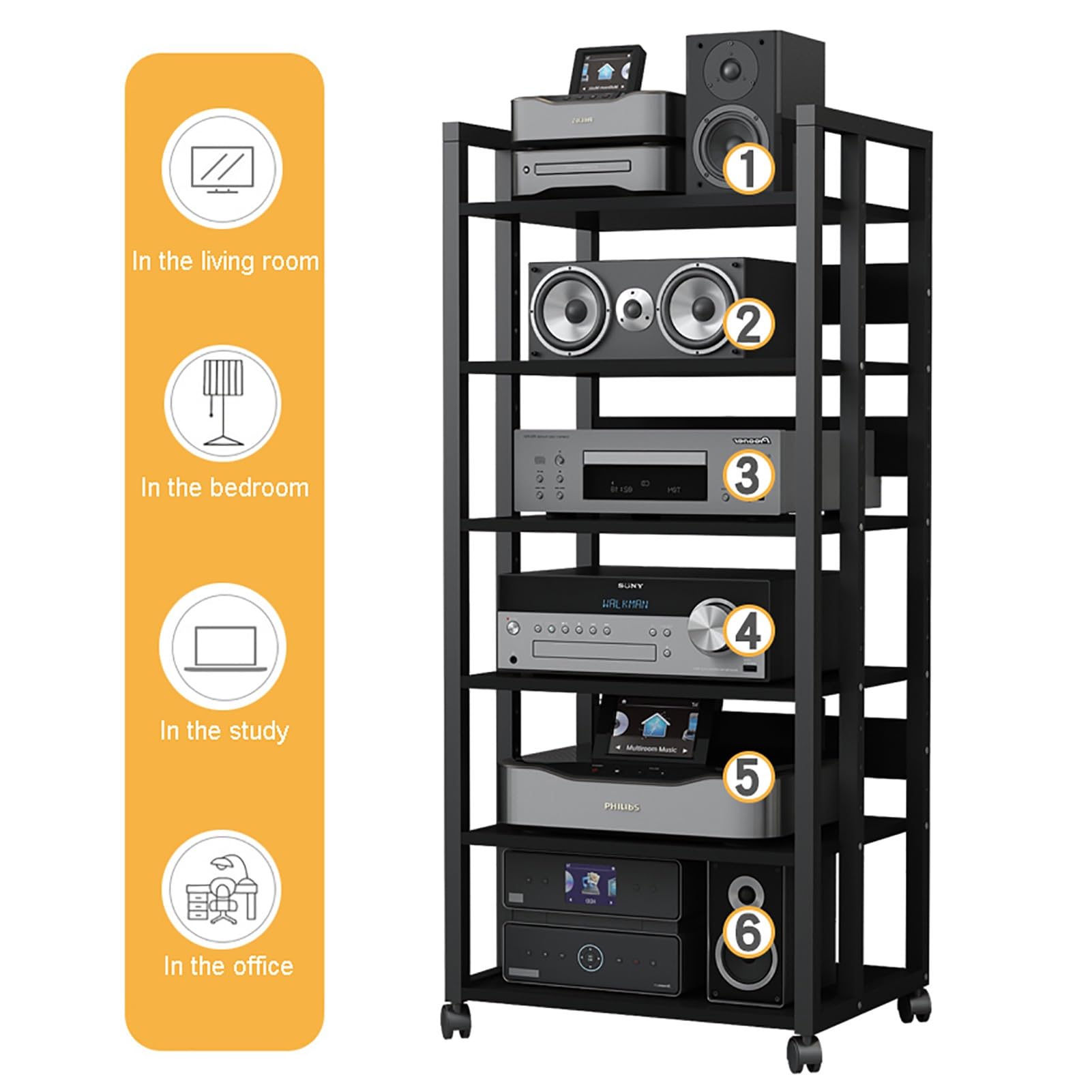 Onwowsun Multilayer Movable AV Media Stand, Media Storage Cabinet, Rack Audio Tower with Adjustable Shelves, Record Player Stereo Cabinet, Black (Size : 6 Layers)