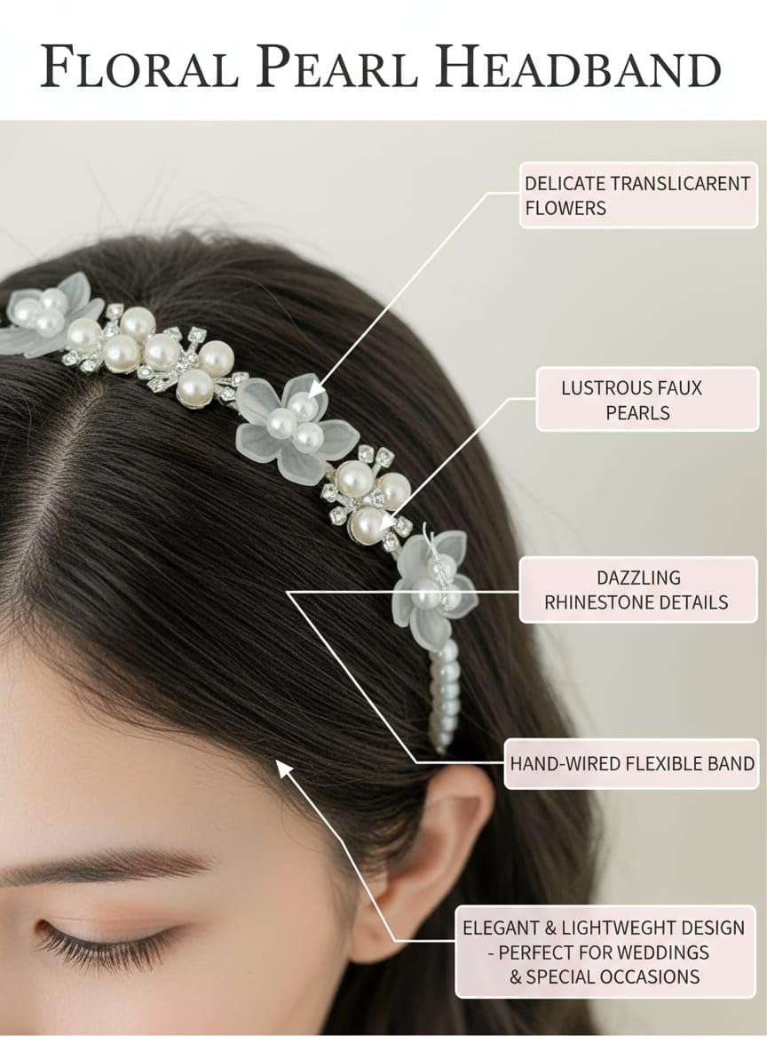 Pearl Headbands for Girls – Elegant Floral Hair Bands with Pearls & Crystals for Christmas, New Year, Parties & Weddings 1