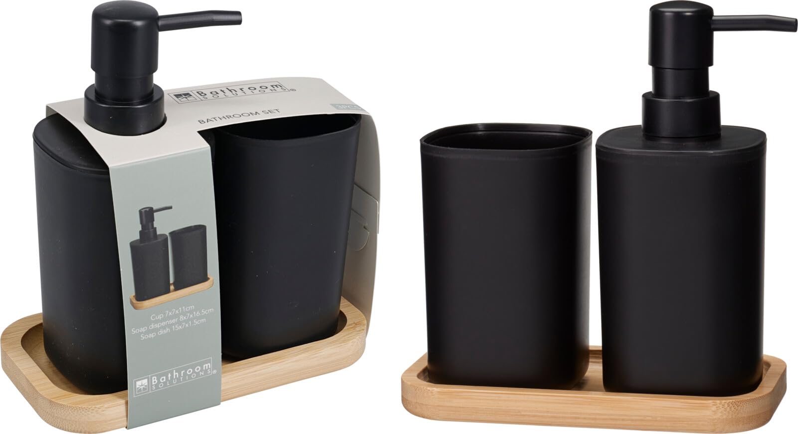 Envenzo Black Bathroom Set Of Soap Dispenser, Tray & Tooth-Brush Holder, With Bamboo Tray