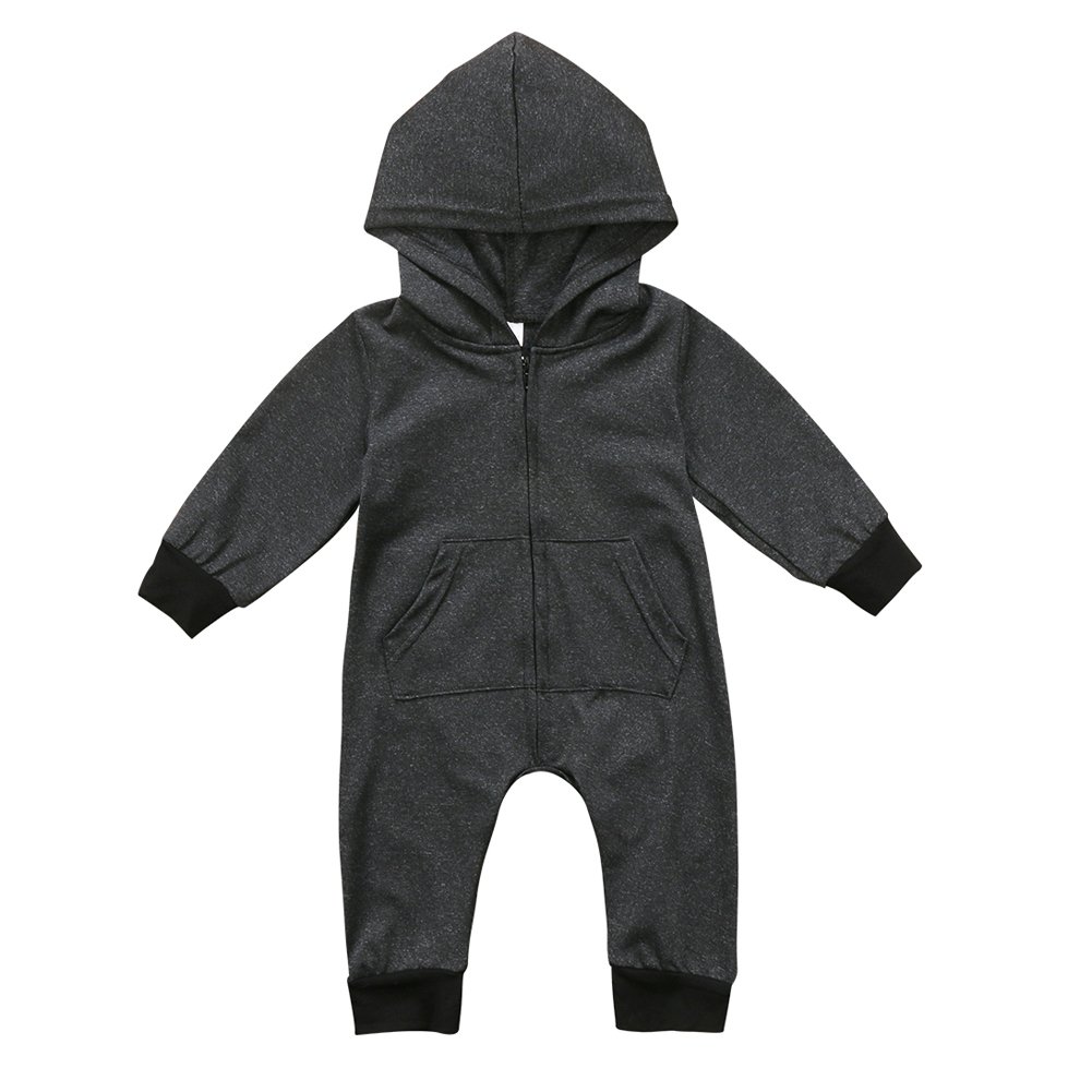BiggerStore Cute Baby Boy Long Sleeve Hoodie Romper Jumpsuit with Zipper Pocket Playsuit Outfit Clothes (18-24 Months, Gray&Black)