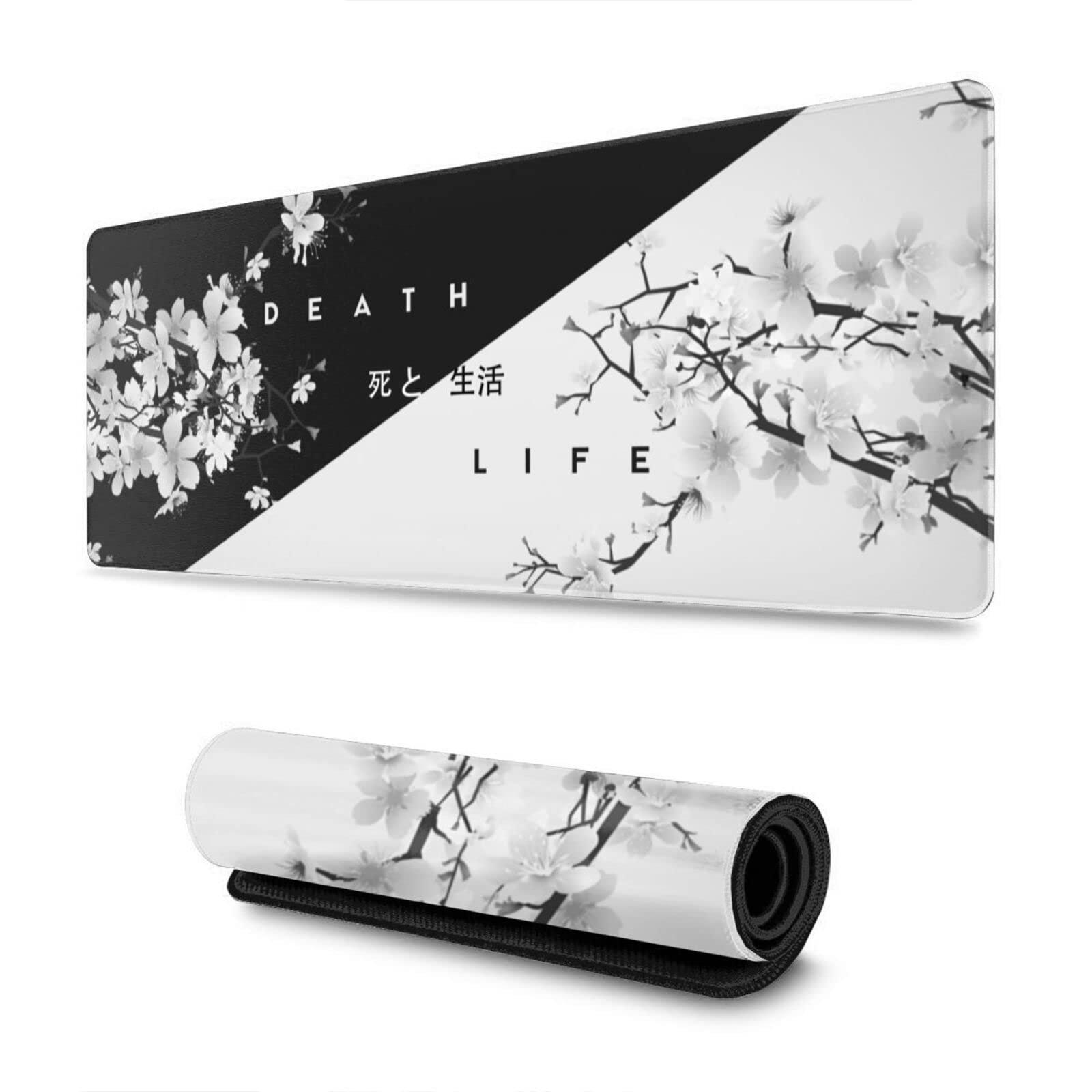 FYPDIYS Black and White Cherry Blossom Mouse Pad Gaming Large Mouse Pad Japanese XL Mousepad Extended Long Big Desk Mat Stitched Edges Non-Slip Rubber Base Mice Pad 31.5 X 11.8 Inch