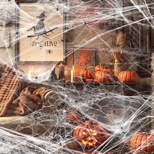 YORFULL Tela de Araña Decorativa de Halloween, 200g con 30 Arañas de Plástico, Tela de Araña Elástica para Decoración de Halloween, Interior y Exterior, Decoración de Casa Embrujada, Jardín, Fiesta