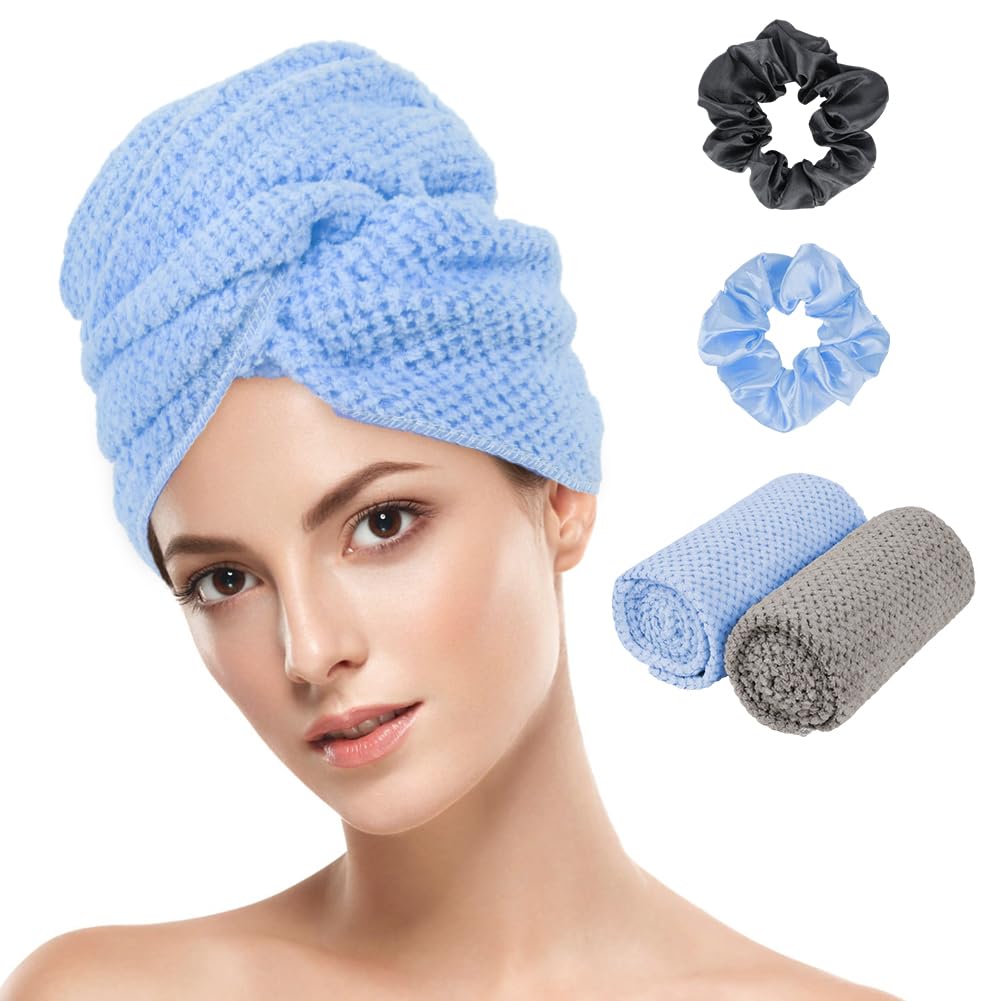 AOOWU Grande Toalla Microfibra Pelo, 2 Piezas Toallas Pelo Cabello Seco Súper Suave, Toalla Turbante Absorbente con Correas Elásticas, Mujer Toalla de Pelo Secado Rápido para Cabello Largo, Grueso