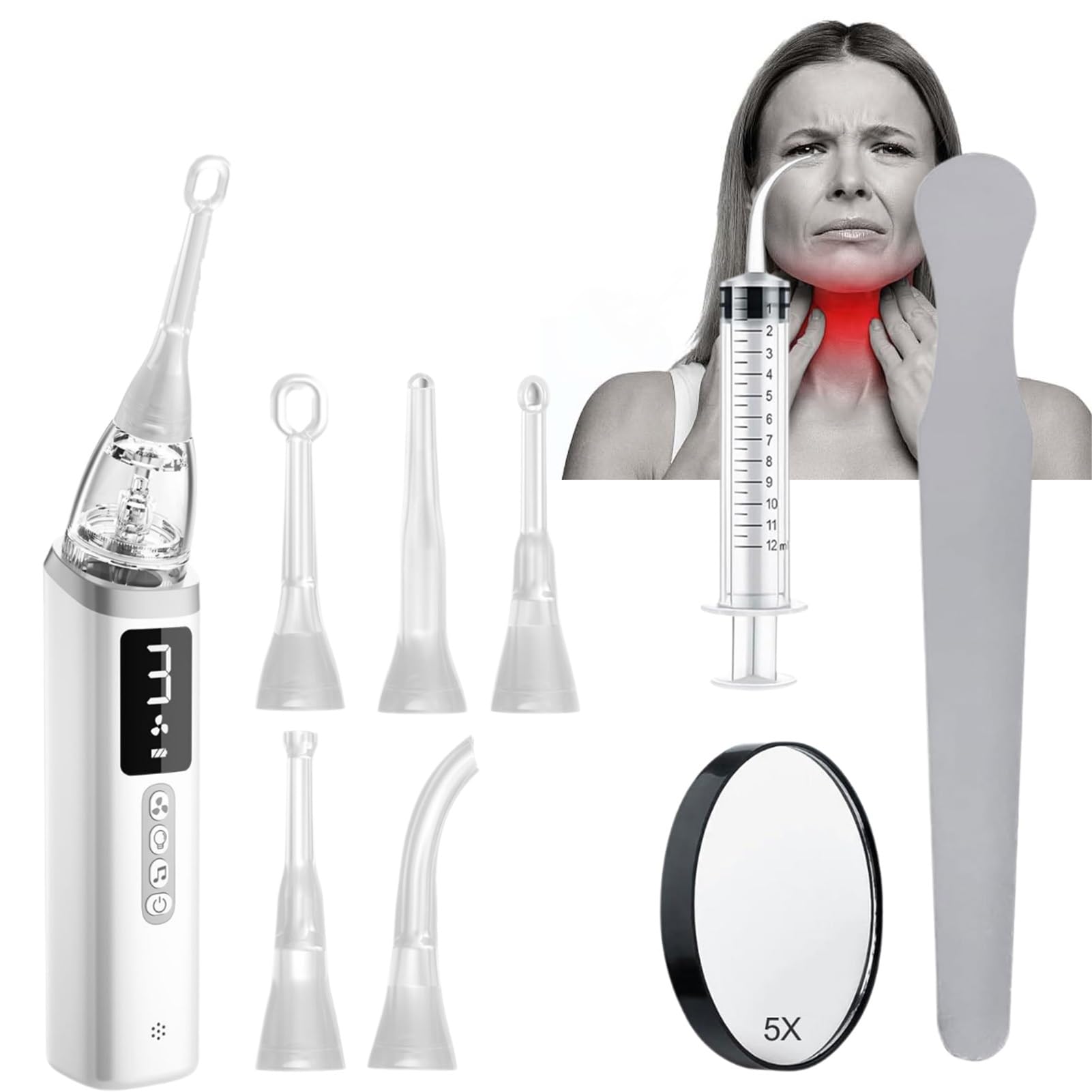 Kit de Litorremoción de Amígdalas Ajustable en 3 Ángulos con Espejo 5X y Cuchara de Silicona Adecuado for Uso en Adultos