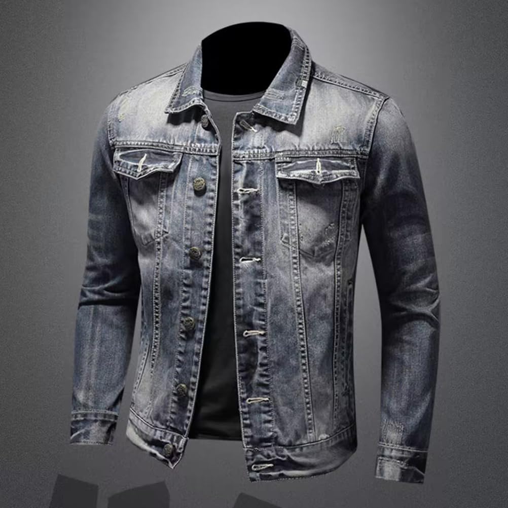 Minetom Giacca di Jeans Uomo Vintage Giubbotto Casual Denim Giubbino Slim Fit Jacket con Botonni E Tasche Primavera E Autunno