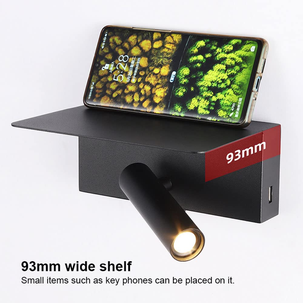 Lámpara de Lectura LED de Pared con Carga USB, lámpara de cabecera, lámpara de Lectura enfocada en la Cama, Apliques de Pared para Dormitorio, Estudio, Sala de Estar (Negro)