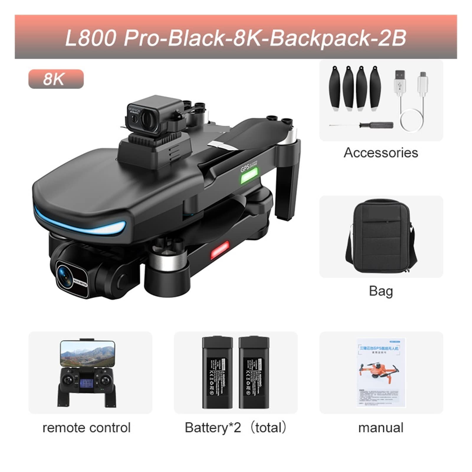 Składany dron Quadcopter GPS Drone 4K Professional 8K HD Podwójna kamera Unikanie przeszkód Trzygimbal Bezszczotkowy składany quadkopter (Kolor : Pomarańczowy 4K Backp 1B Rozmiar: 1) (Pro2 8K Bp 2B 1)