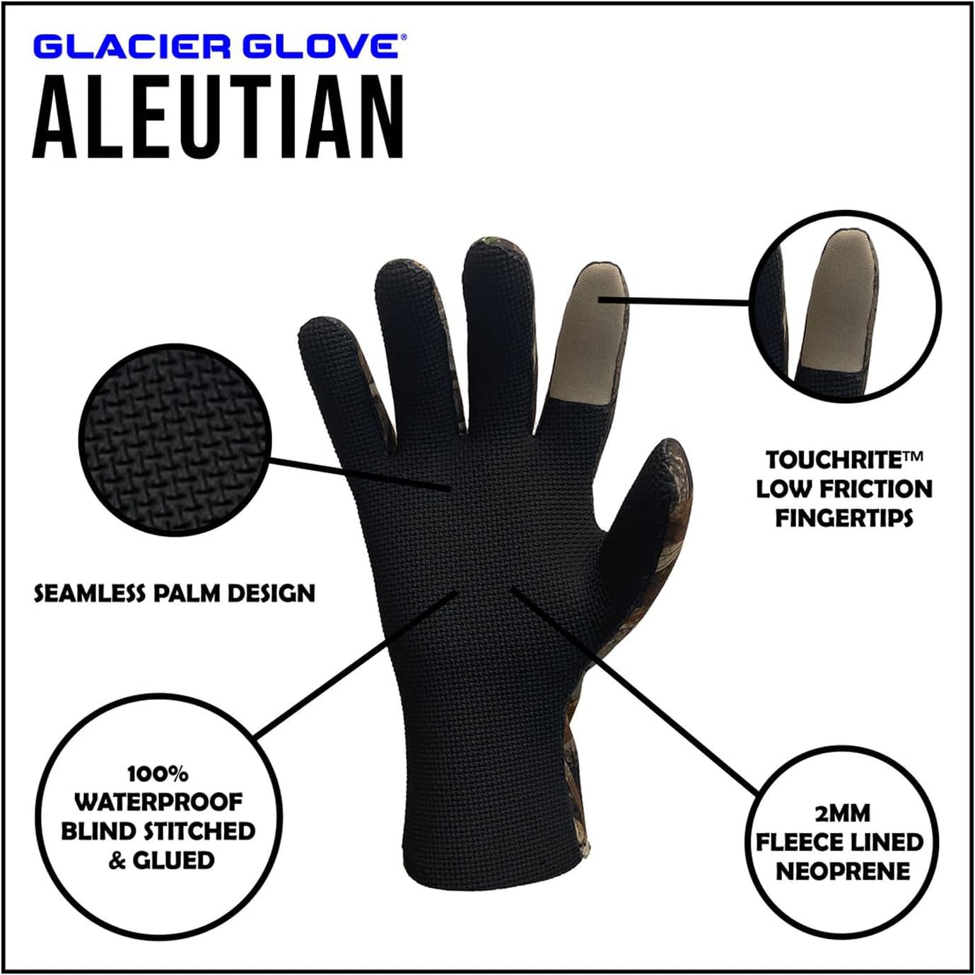 Glacier Glove Men's Aleutian Waterproof Fleece-Lined Blind Stitched Neoprene Gloves | Seamless Sharkskin Textured Palm