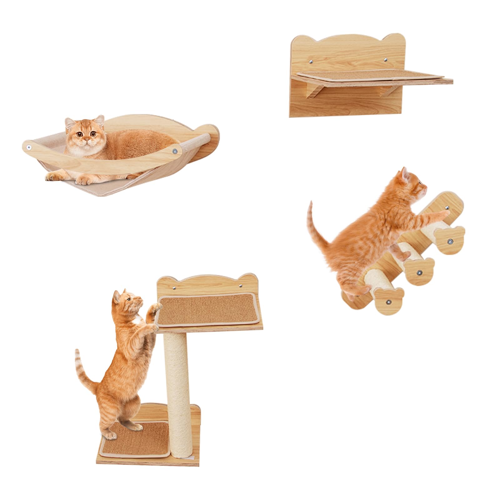 GYMAX 4PCS Wall Mounted Cat Tree, Cat Wall Shelves with Sisal Steps, Scratching Posts & Hammock, Wooden Cats Wall Furniture Set for Indoor Cats