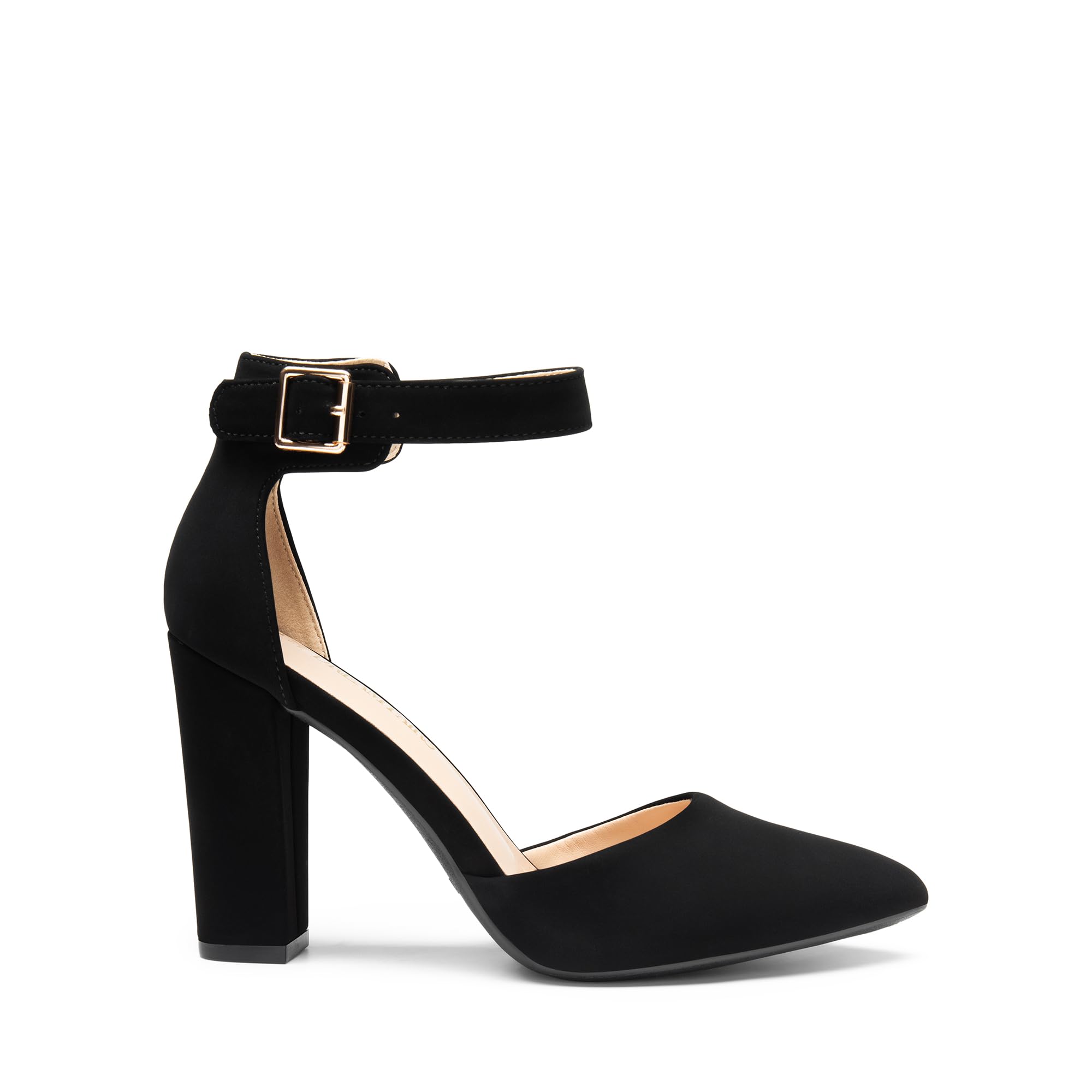 DREAM PAIRS Zapatos de tacón alto grueso para mujer, con puntera cerrada, puntera puntiaguda, correa al tobillo, para bodas y fiestas
