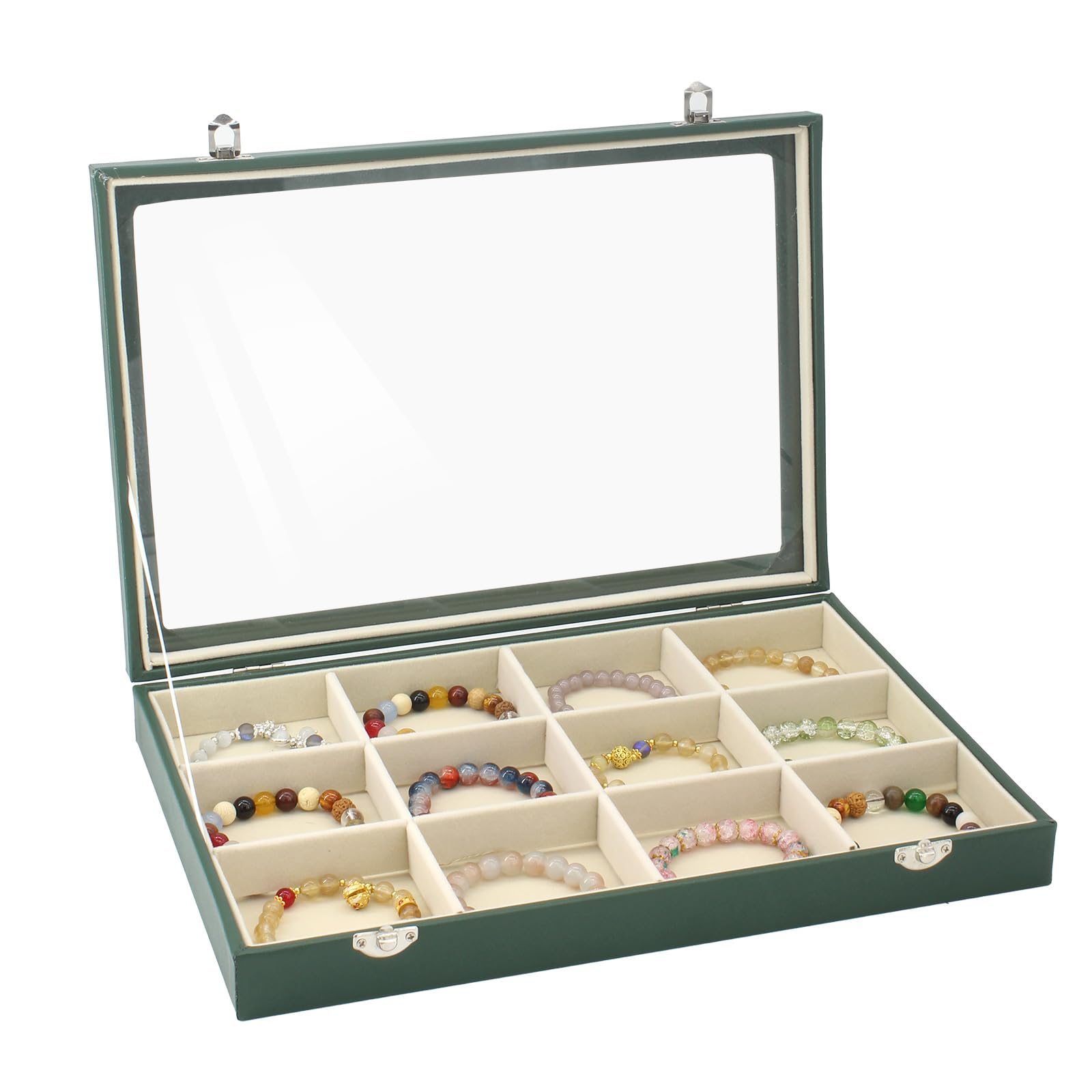 KOOAAICCHI Jewelry Tray Organizer with Clear Lid - 12 Grid Storage Display Case with Lock Earring Ring Organizer Showcase Gifts for Women-Green