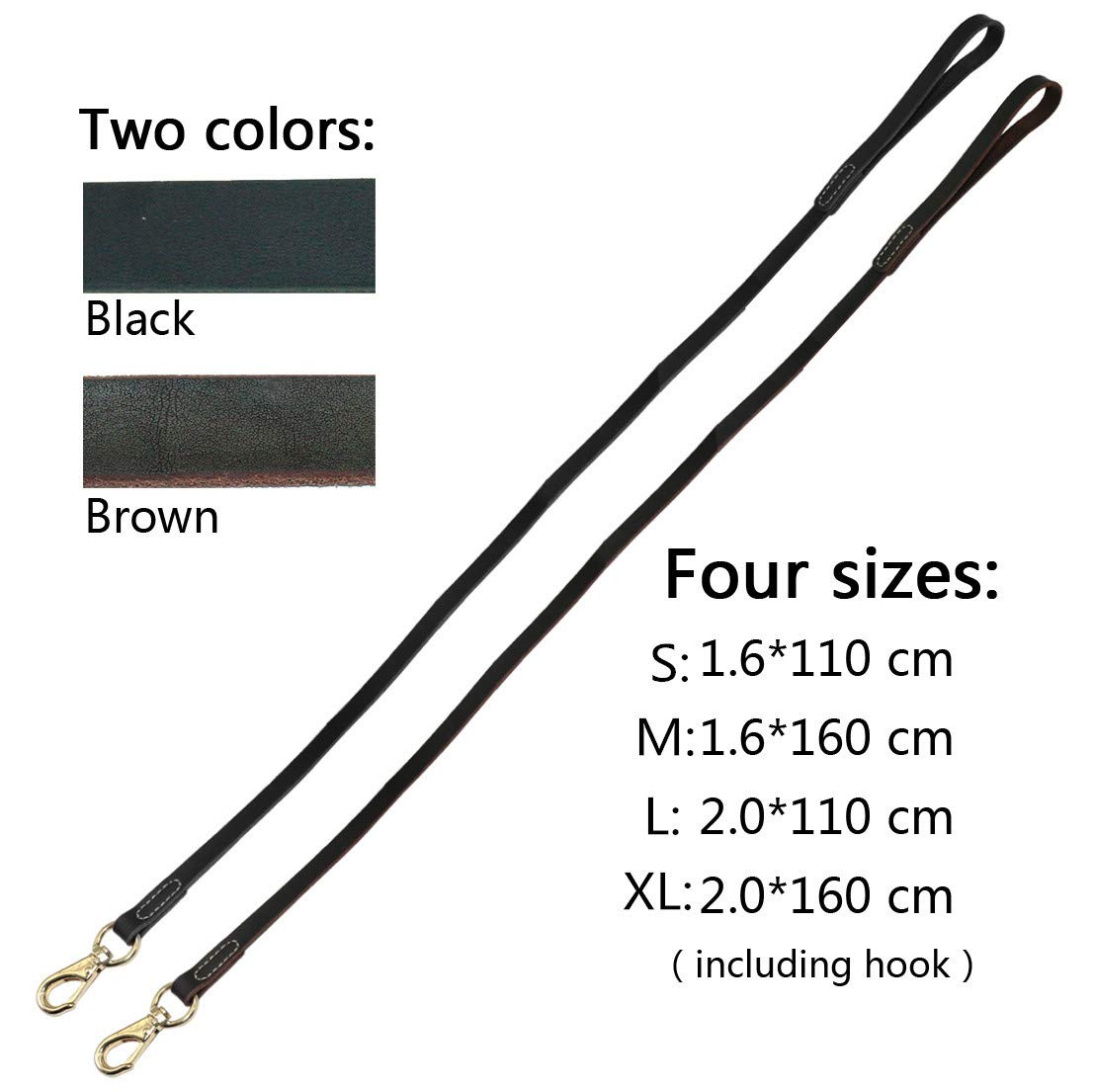Guinzaglio per cani in pelle resistente, fatto a mano, colore marrone scuro, nero con gancio dorato, ideale per allenare a piedi tutte le razze di cani, 4 misure