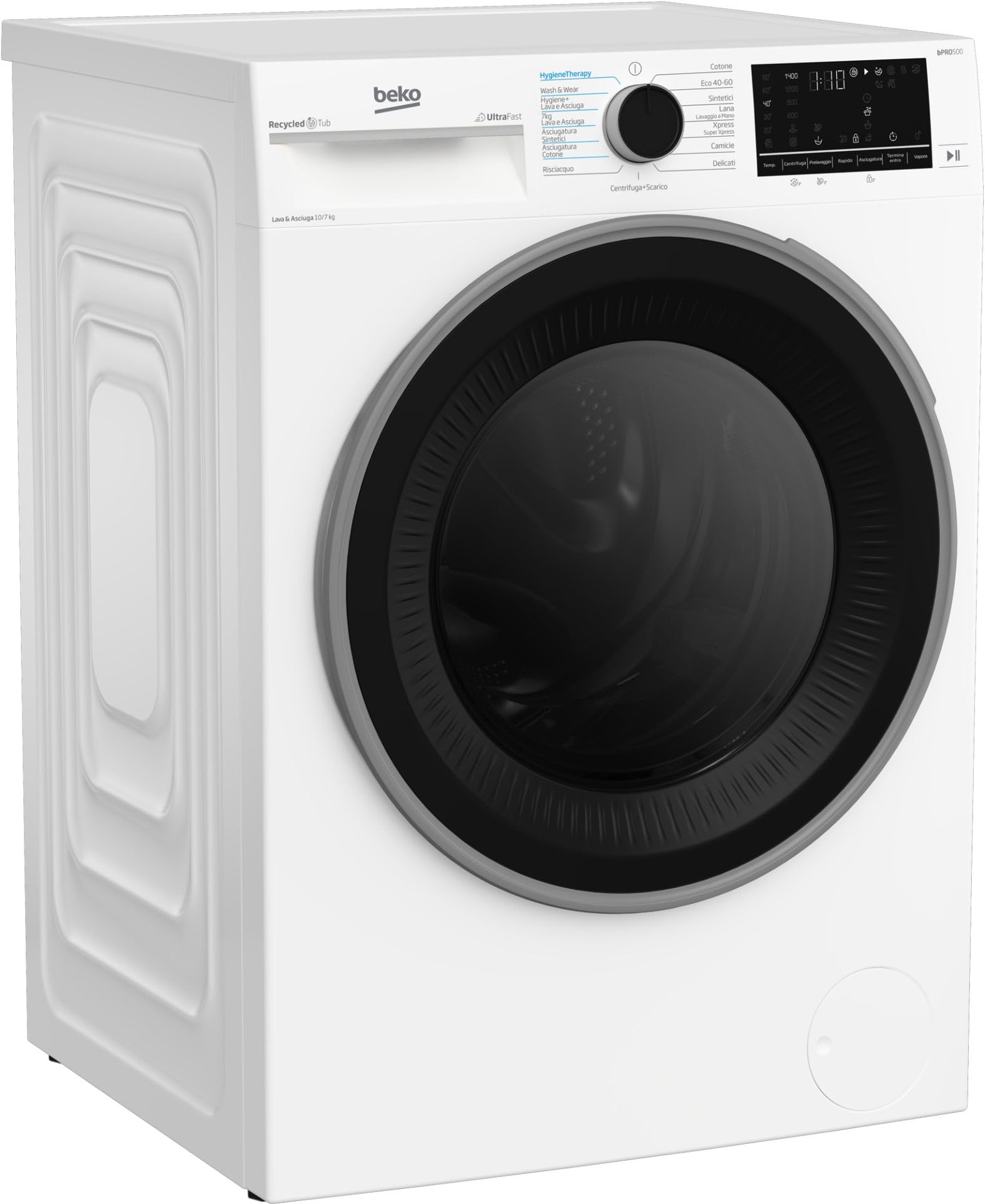 Beko - BDT510744S - Lavasciuga Standard, 10/7Kg, 1400giri, Classe D/A, display touch, Motore Inverter, funzione a vapore, cassetto detersivo autopulente, vasca in plastica PET riciclata