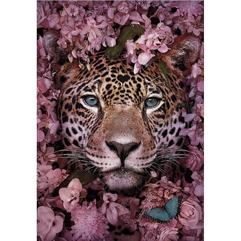 Gofission 11ct Stamped Cross Stitch Kits for Adults Beginners, Leopard in Flowers DIY Pre Printed Cross Stitch Embroidery Set with Accessories Wall Decor 30x40cm (Leopard)