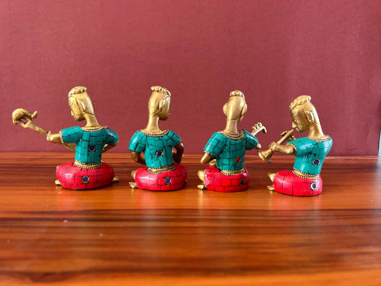 Joyful - Set musicale in ottone con lavorazione in pietra, 4 pezzi, collezione di idoli musicisti per matrimonio, regalo di nozze, set musicista in ottone, 11,4 cm, decorazione per la casa