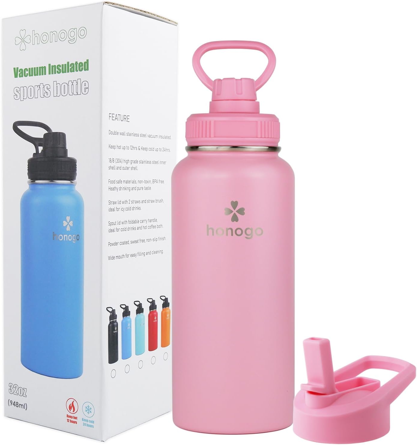 32 oz Powder Coated Double Wall Vacuum Insulated Sports Water Bottle, 18/8 Stainless Steel Wide Mouth Thermal Flask with Straw Lid & Spout Lid, Leak Proof, Sweat Free, BPA Free (Pink, 32 oz) - Image 7