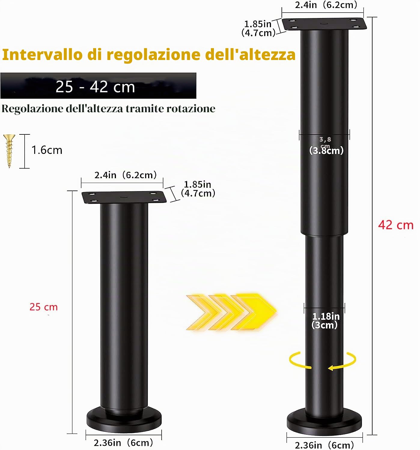 2 Gambe da Tavolo inMetallo,Gamba daTavolo Regolabile, Gamba da Tavolo Regolabile,Gambe per Mobili, kit include Cacciavite e viti (Nero, 25-43 cm)