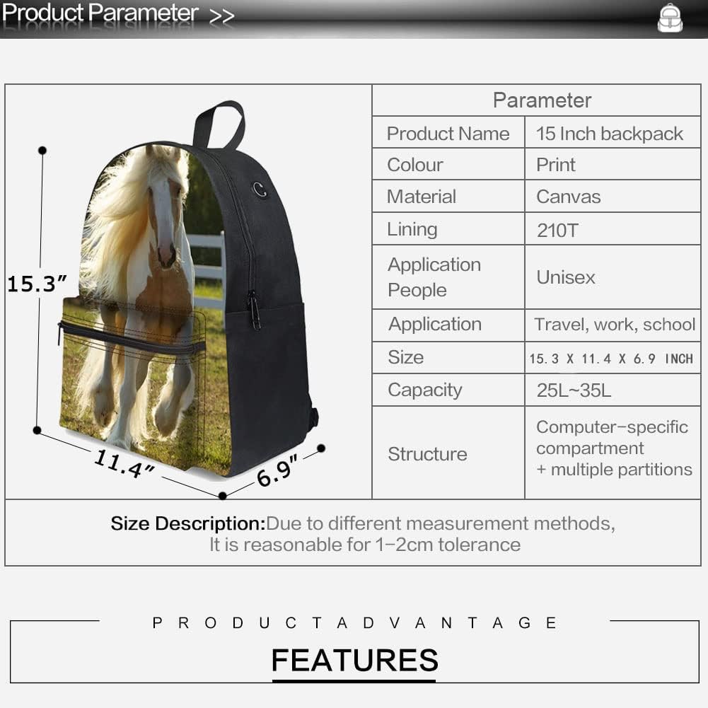 Bookbag School Backpack for Girls Horse Backpacks Elementary 3rd 4th 5th 6th Grade Kids Boys 15.3" Canvas Laptop Bag - Image 3