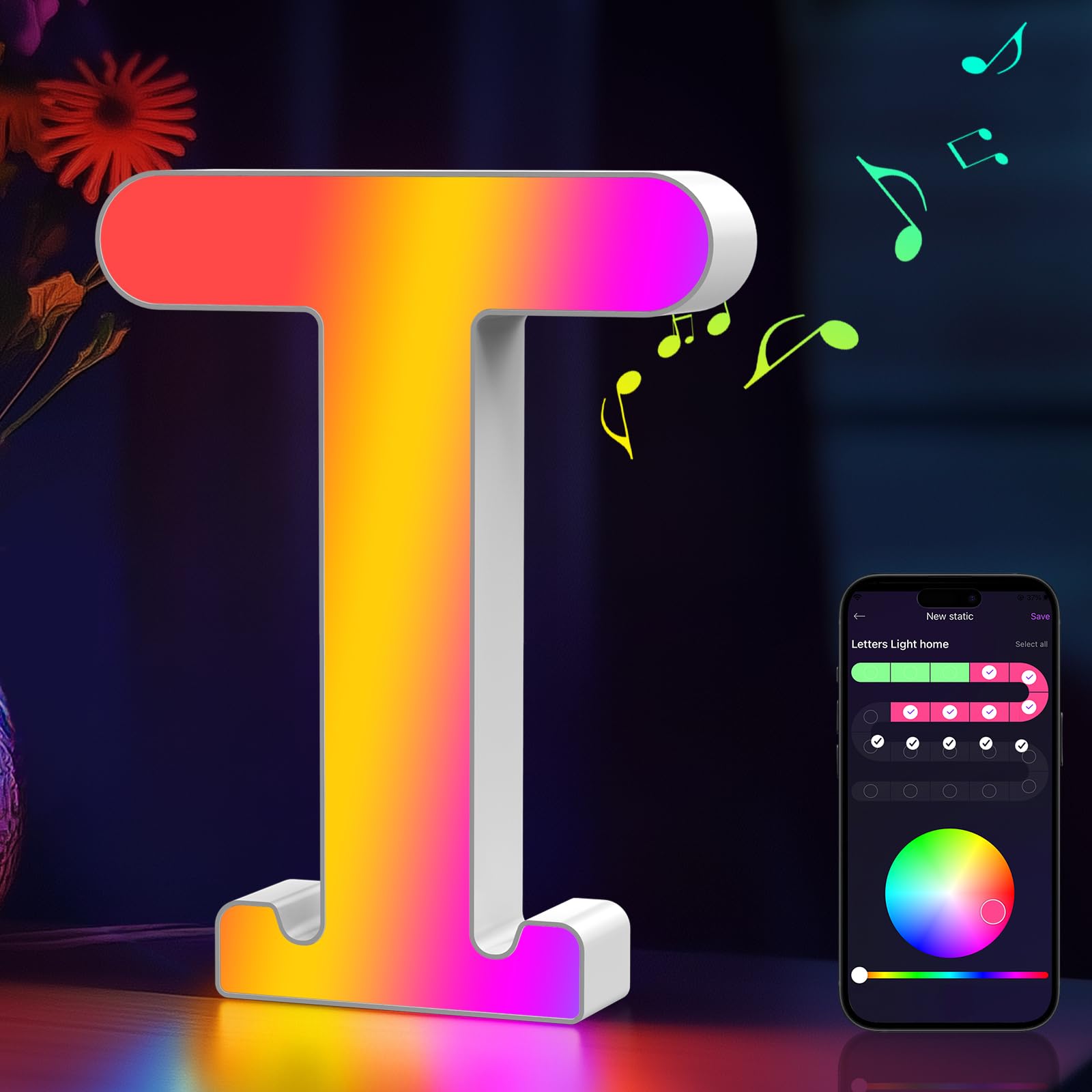 Light Up Letters Marquee - Music Sync RGB Color Changing LED Letter Lights for Girls Women Party Birthday Christmas Valentine's Day Wall Desktop Decoration (MRGB-T)