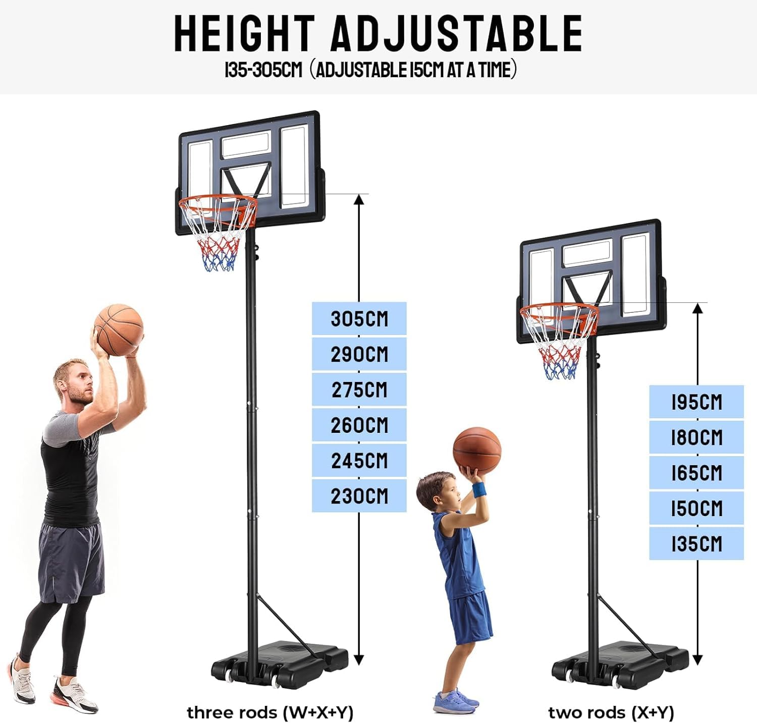 Canasta de baloncesto al aire libre para niños y adultos, altura ajustable, 135-305 cm, soporte de 110 x 71 cm, base ampliada y ruedas