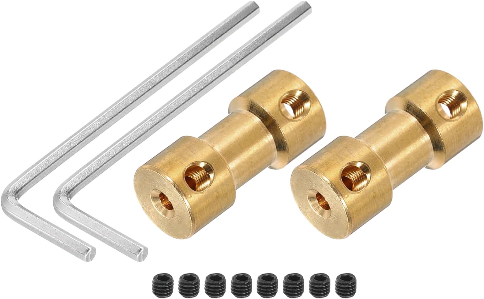 sourcing map 2mm to 3mm Bore Rigid Coupling 20mm Length 9mm Dia M3 Brass Shaft Coupler Connector for 3D Printers DIY Car Boat Copper Tone, with 2pcs Coupling, 8pcs Screws, 2pcs Wrench