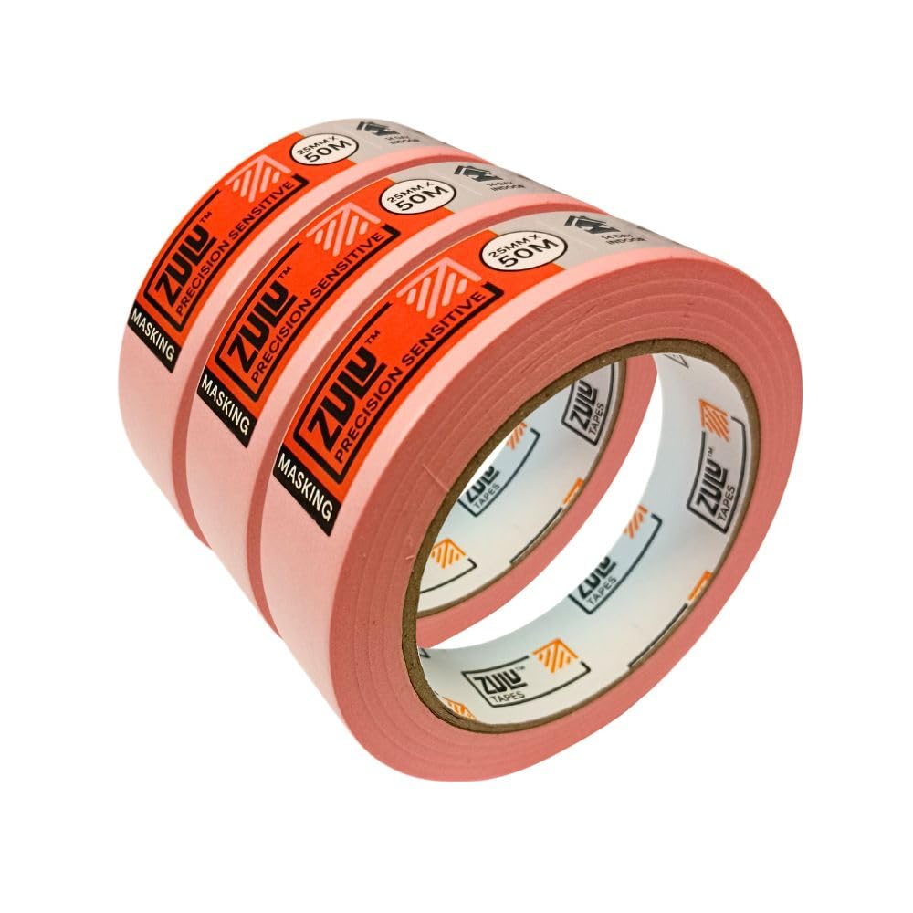 Zulu Precision Sensitive Indoor Pink Painters Masking Tape 25mm x 50m - Multi Surface Low Tack Clean Edges for All Paints - DIY, Painting, Decorating with up to 14 days Removal | (3 Pack)
