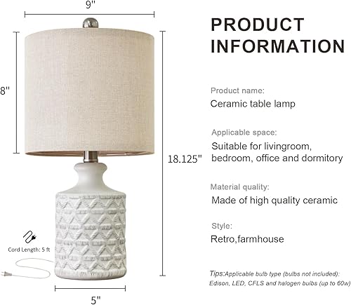 Miniatura 7 de PoKat Juego de 2 lámparas de mesa de cerámica blanca de 18 pulgadas para sala de estar, pequeña junto a la lámpara, dormitorio, mesita de noche,