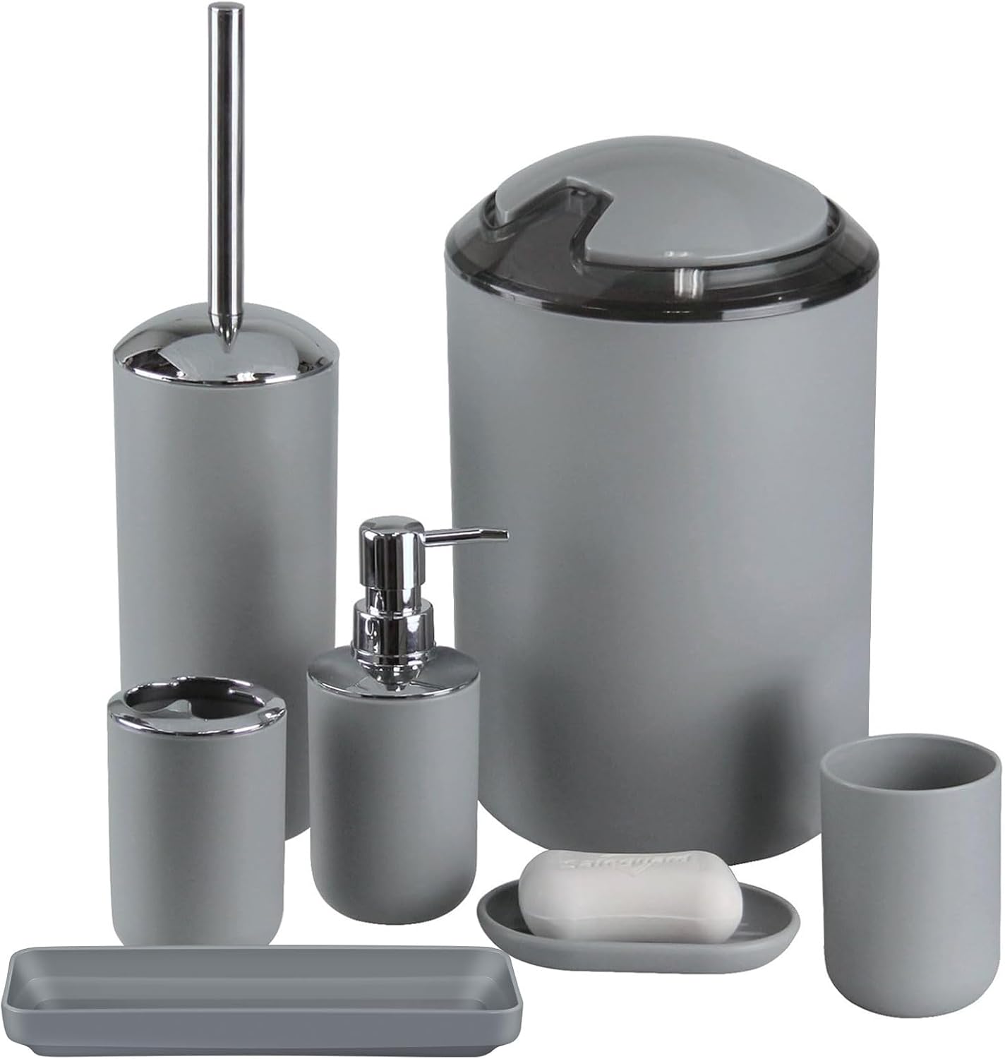 IMAVO Bathroom Accessories Set,Grey Bathroom Set,7 Pieces Bathroom Accessory Set,Tray,Toilet Brush,Trash Can for Bathroom Décor and Housewarming Gifts IMAVO Bathroom Accessories Set,Grey Bathroom Set,7 Pieces Bathroom Accessory Set,Tray,Toilet Brush,Trash Can for Bathroom Décor and Housewarming Gifts