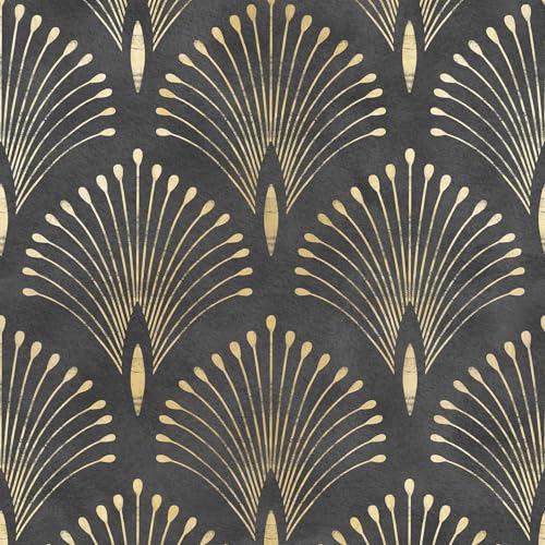 Livelynine 17.5x276 Art Deco Black and Gold Peel and Stick Wallpaper Abstract Peacock Wall Paper Prepasted Rolls Renter Friendly Black Vintage Contact Paper Waterproof Vinyl Geometric Wall Coverings