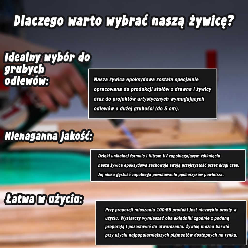 ŻYWICA EPOKSYDOWA EPOXYTABLE5 Idealna do tworzenia stolików rzecznych, mebli, odlewów bezbarwnych, blatów 5cm, biżuterii i kreacji artystycznych, certyfikat nietoksyczny - 9Kg