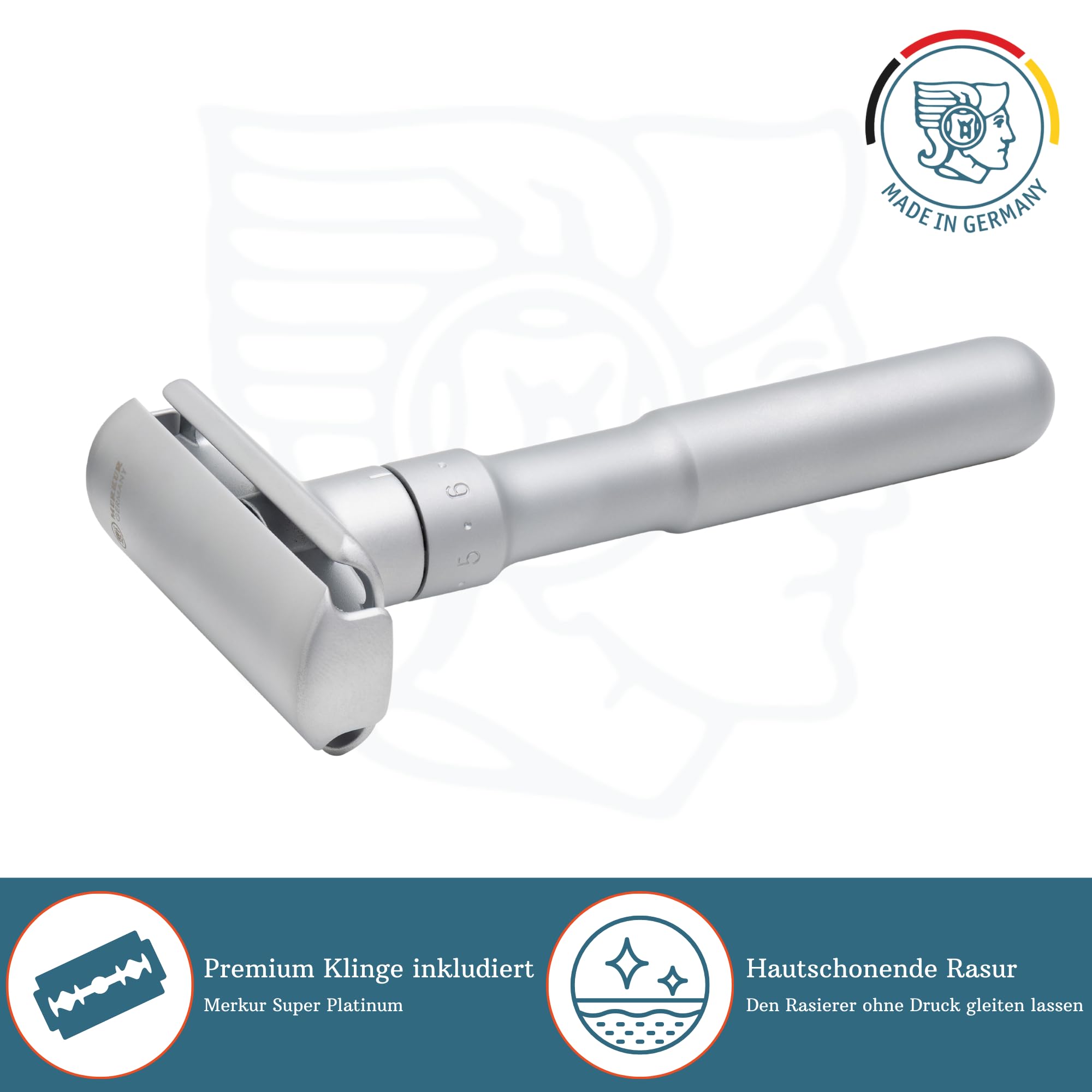MERKUR Rasierhobel Futur 700 | Designklassiker Mattchrom | Zweiteiliger Rasierer mit geradem Schnitt | Ideal für Nassrasur | Zinkdruckguss | Messing Griffstück | Made in Germany