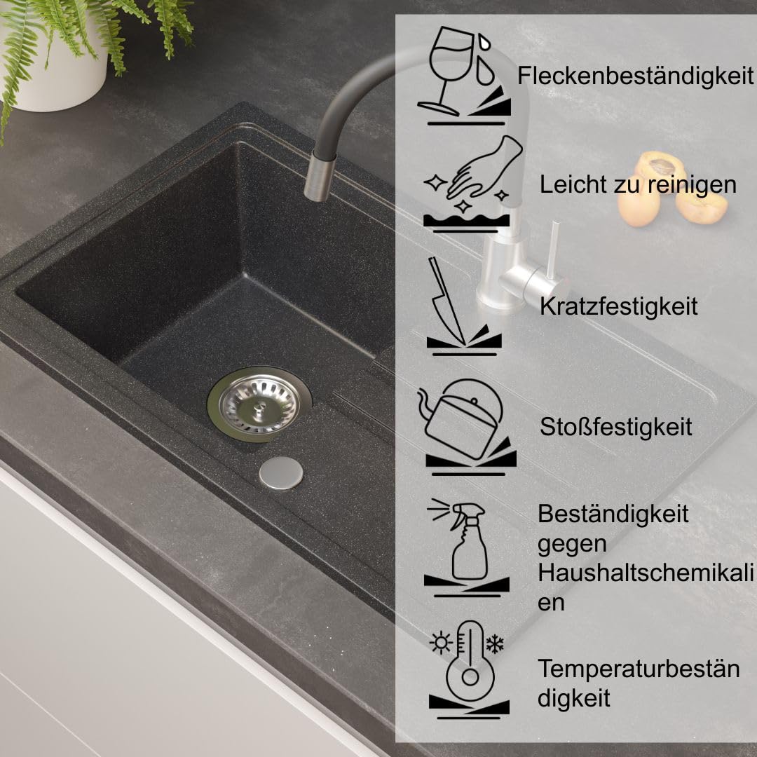 QUADRON Spülbecken Granitspüle Küche | Größe: 70 x 44 x 17,5 cm, Farbe: Schwarz | BEN 111 Küchenspüle Einbeckenspüle Set: Granitspüle + Schwarz/Stahl Flexibel Küchenarmatur + manuell Siphon