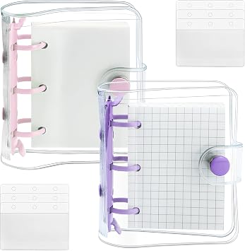 2 Pack Mini Transparent 3 Ring Binder Covers with Binder Inner Paper and Pockets, Clear Soft PVC Notebook Closure Loose Leaf Folder with Snap Button Pink, Purple