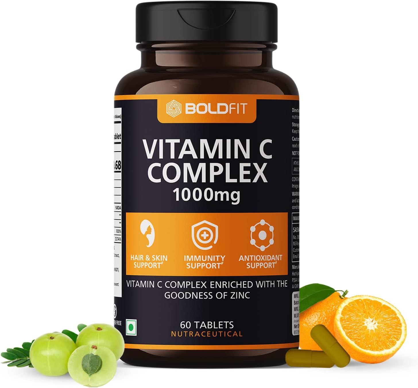 Boldfit Vitamin C Complex with Amla & zinc, Immunity Antioxidant & Skincare Booster for Men & Women - 60 Veg Tablets
