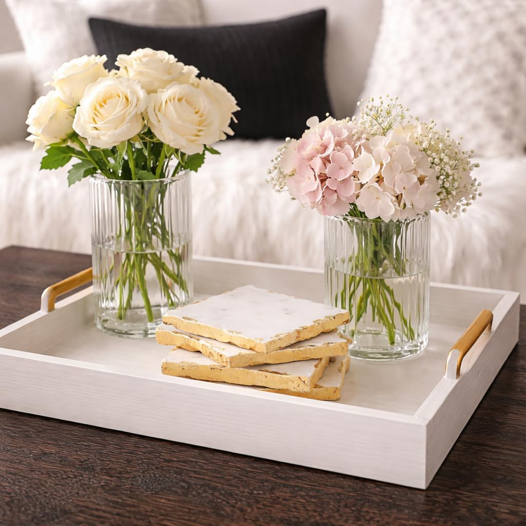 Luxury White Marble Square Coasters Set of 4 with Gold Foil Edges – Natural Stone Drink Coasters for Coffee Table, Elegant Marble Cup Coasters for Home Decor, Absorbent Stone Coaster Set for Drinks