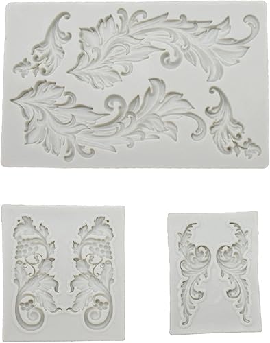 Fondant - Molde de de 3 piezas de azúcar abatible europea en relieve, flor de vid de encaje, molde de silicona para borde de pastel, molde de