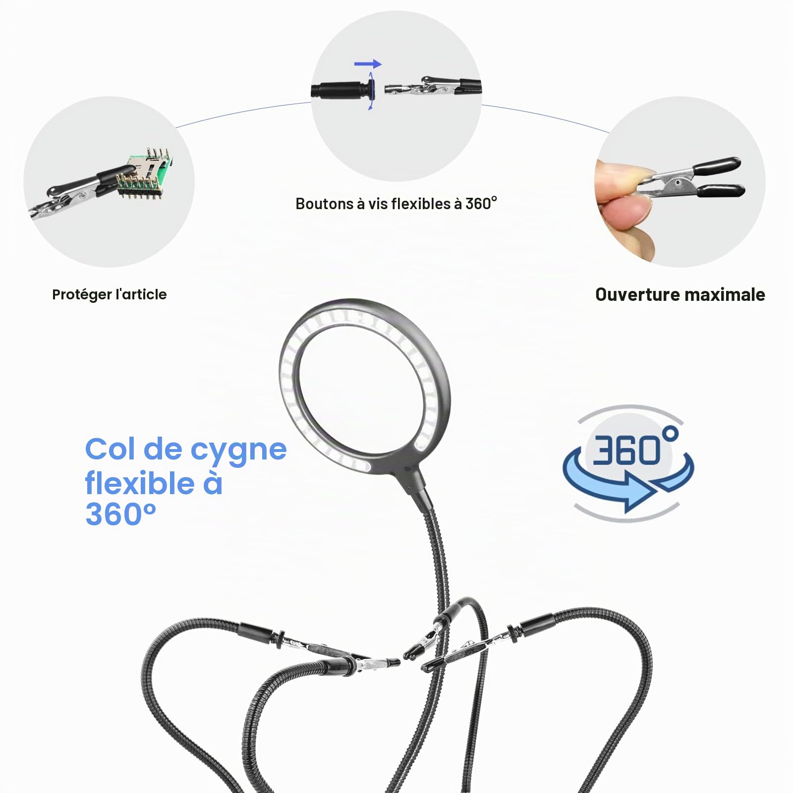 Loupe avec lumière à souder à la troisième main -Grossissement 3X -Lumière du jour -Avec lumière -Avec 28 LED à intensité variable-Base robuste-4 bras flexibles - Pour bricoler, souder, loisirs