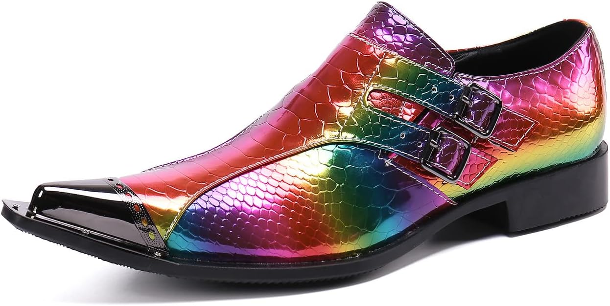 Santimon Mens Rainbow Dress Loafers Buckle Comfortable Metal Cap Toe Church Style Wedding Party Travel Shoes for Men Multicoloured 9.5 US