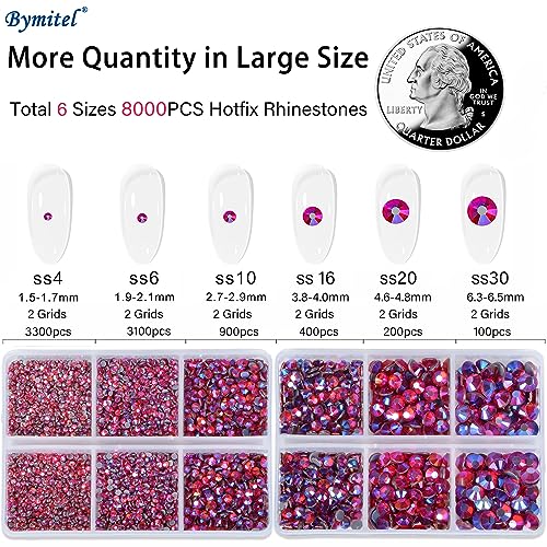 Image of Bymitel Hotfix Crystal Rhinestones Round Gems for Crafts,Mixed 6 Sizes with Wax Pencil Kit, Siam AB 1.6-6.3mm SS4-SS30 /8000pcs