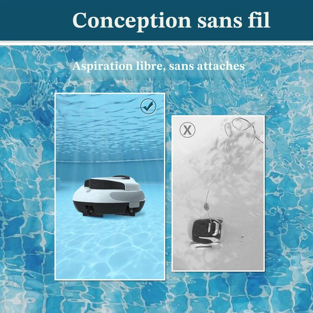 Robot Piscine sans Fil 100 Minutes D'autonomie, Aspirateur de Piscine Entièrement Automatique pour Piscines Hors-Sol et Encastrées Jusqu'à 90m²,Nettoyage du Fond,Fonction de stationnement