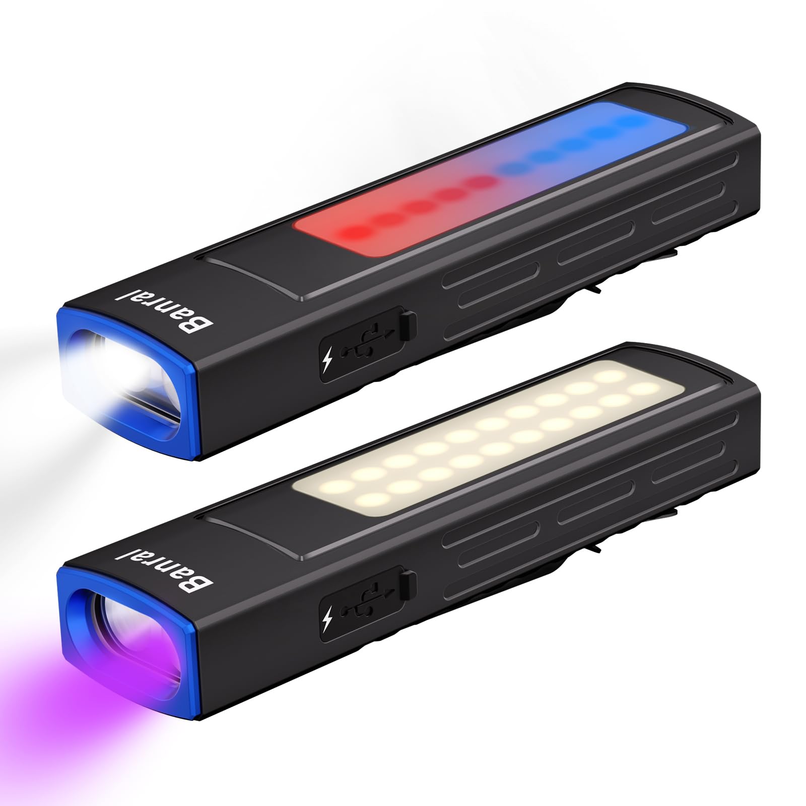 Linterna plana recargable EDC con UV, luz roja azul y LED blanco, 1200 lúmenes USB-C portátil de bolsillo, mini linterna de trabajo magnética para coche, reparación, camping, emergencia (2, negro)