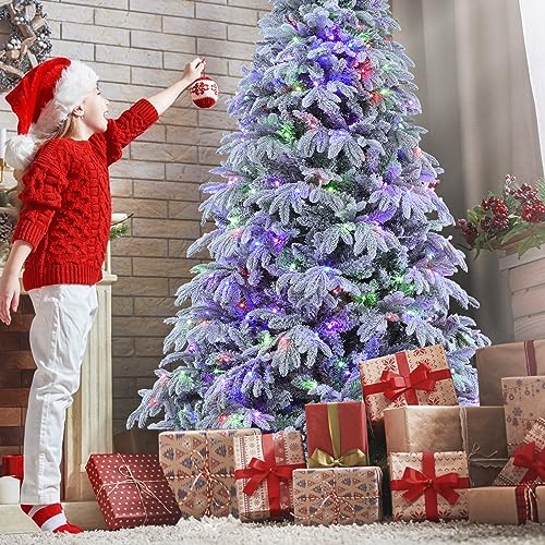Image of FairyHaus Christmas Tree 9 ft, Prelit Flocked Christmas Tree with 10 Function Lights, Warm White & Multi-Colors, Easy Assembly, Hinged Christmas Trees Prelit with Metal Base, 650 Lights