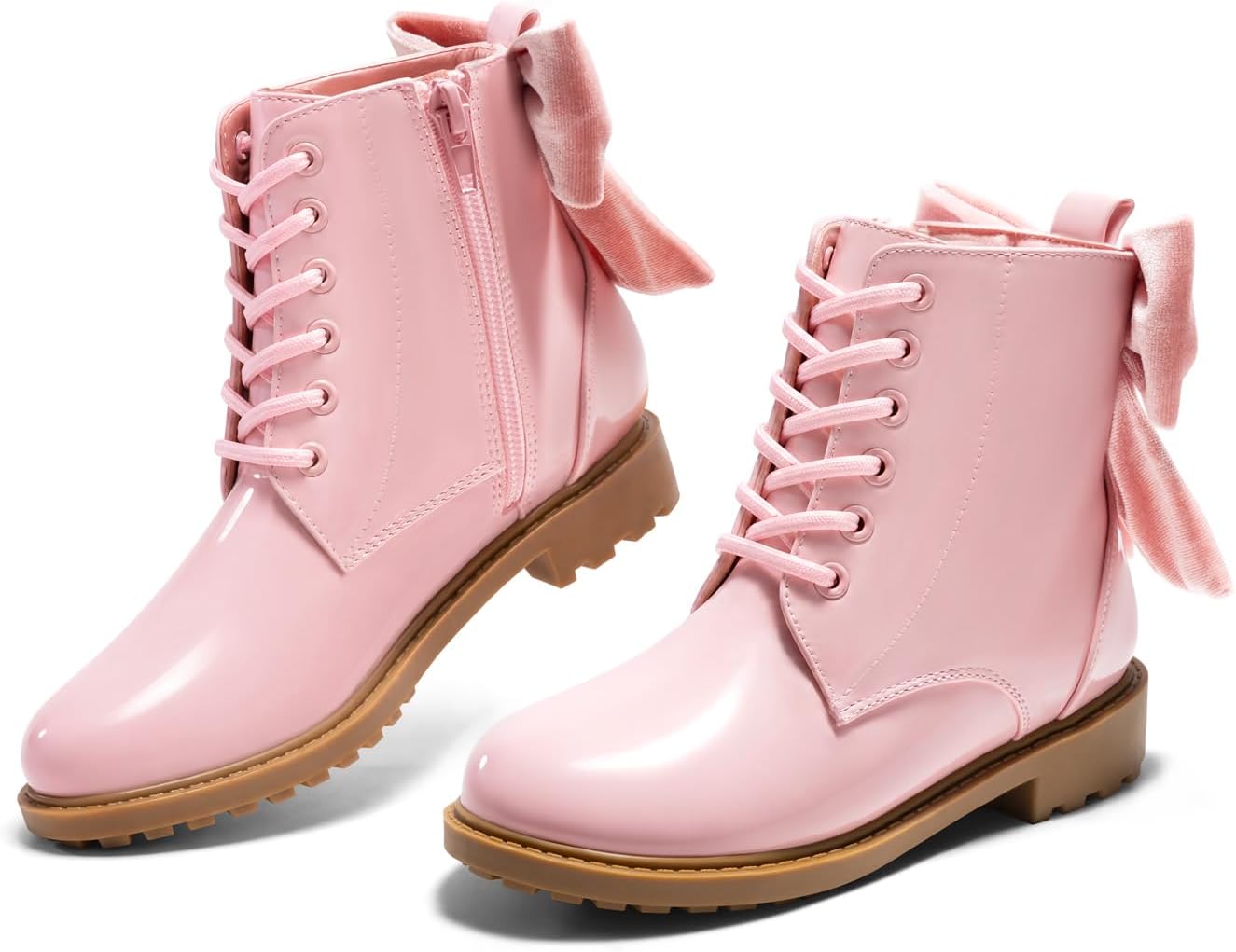 Coutgo Girls Combat Ankle Boots Bow Lace Up Side Zipper Chunky Heel Booties | Block Low Heel, Comfortable, Cute, Slip On, Non-Slip, Fall Winter Dress Shoes, Party, Birthday, Casual, Little/Big Kid