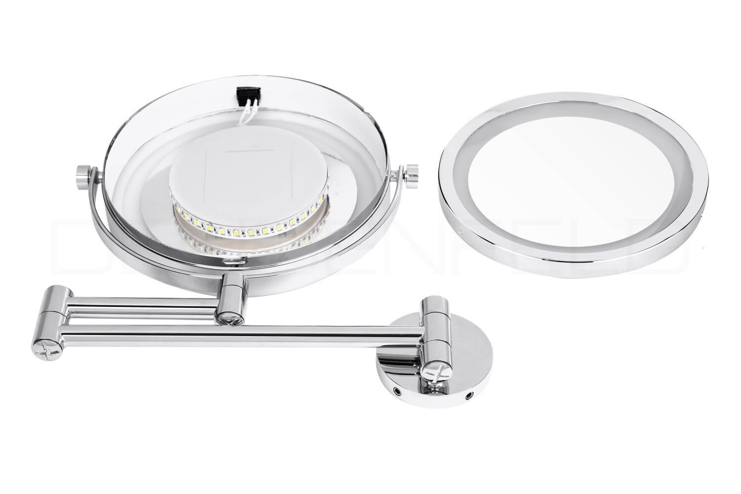 DEUSENFELD WL10CB - Batterie LED Doppel Wand Kosmetikspiegel, 10x Vergrößerung + Normal, Ø17,5cm, 360° vertikal und horizontal schwenkbar, 35 SMD Tageslicht LEDs, Metall verchromt
