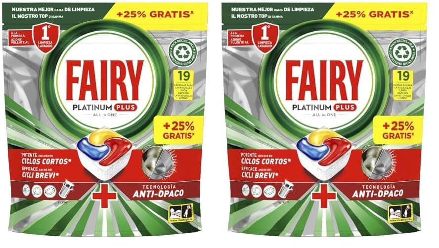 Fairy Platinum Plus Cápsulas De Lavavajillas Todo En Uno Limón, 19 Cápsulas (Paquete de 2)