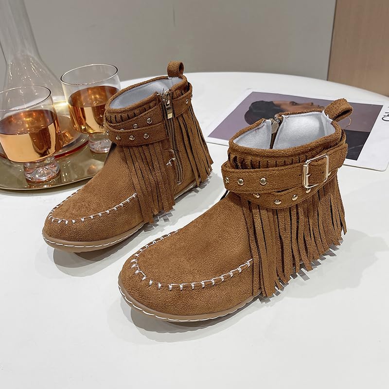 Generic Women's Boots Casual Vintage Side Zipper Fringe Boots,Lightweight Comfy Suede High Top Round Toe Hippie Moccasin Short Booties2