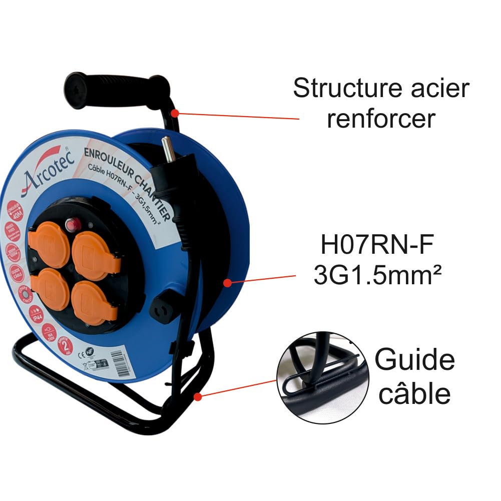Enrouleur PRO de chantier 3G1.5 40m IP44 platine fixe (anti twist) - câble H07RN-F- 4 prises 16A - garantie 2 ans