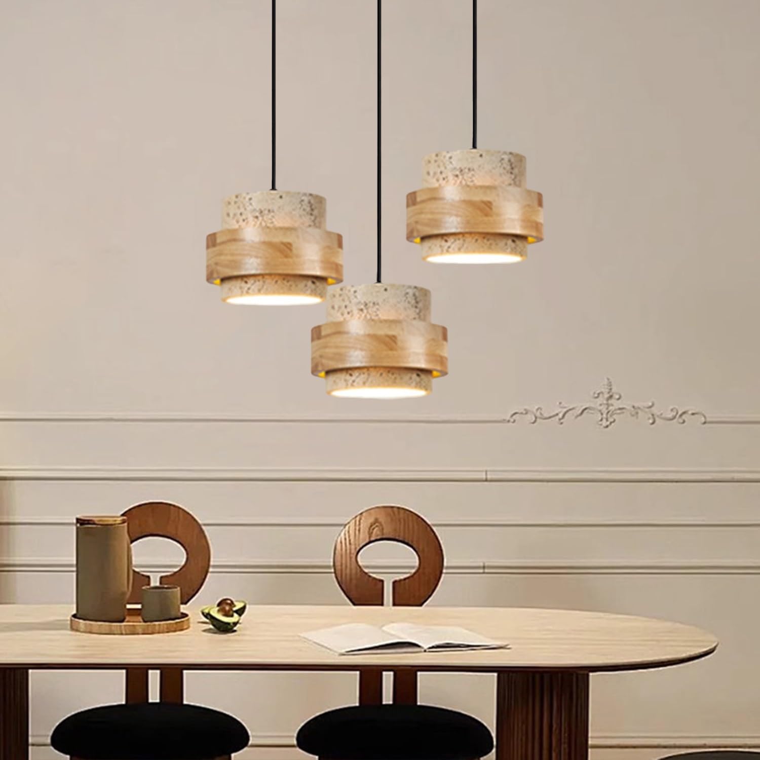 Lámpara Colgante De Travertino 3 Luces Lámpara Araña Cilíndrica De Piedra Natural Lámpara Wabi-Sabi Moderna Para Comedor Cocina Salón Dormitorio E27 Altura Ajustable Lámpara De Techo(Amarillo,B)
